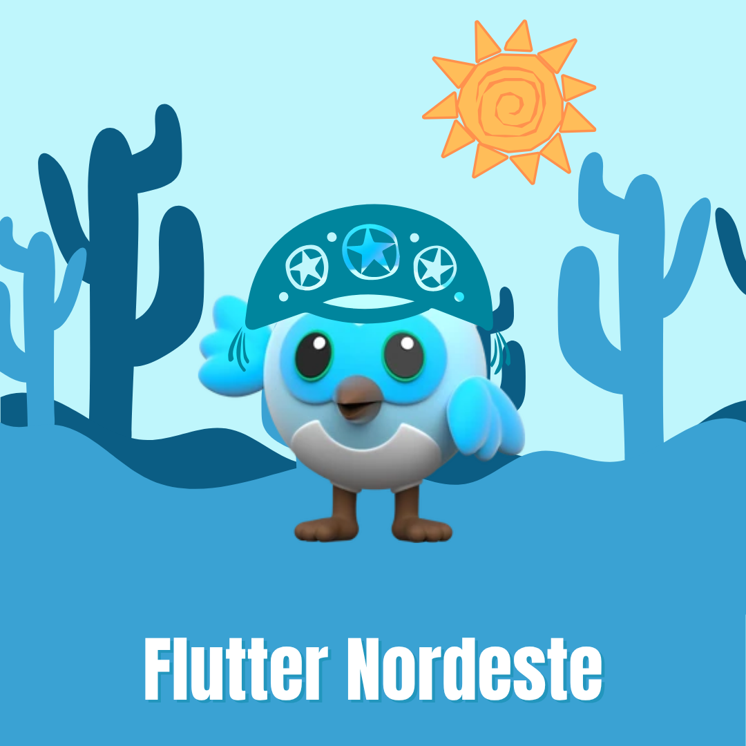 Mascote da Flutter Nordeste, um passarinho azul com bandana de estrelas, entre cactos no sertão